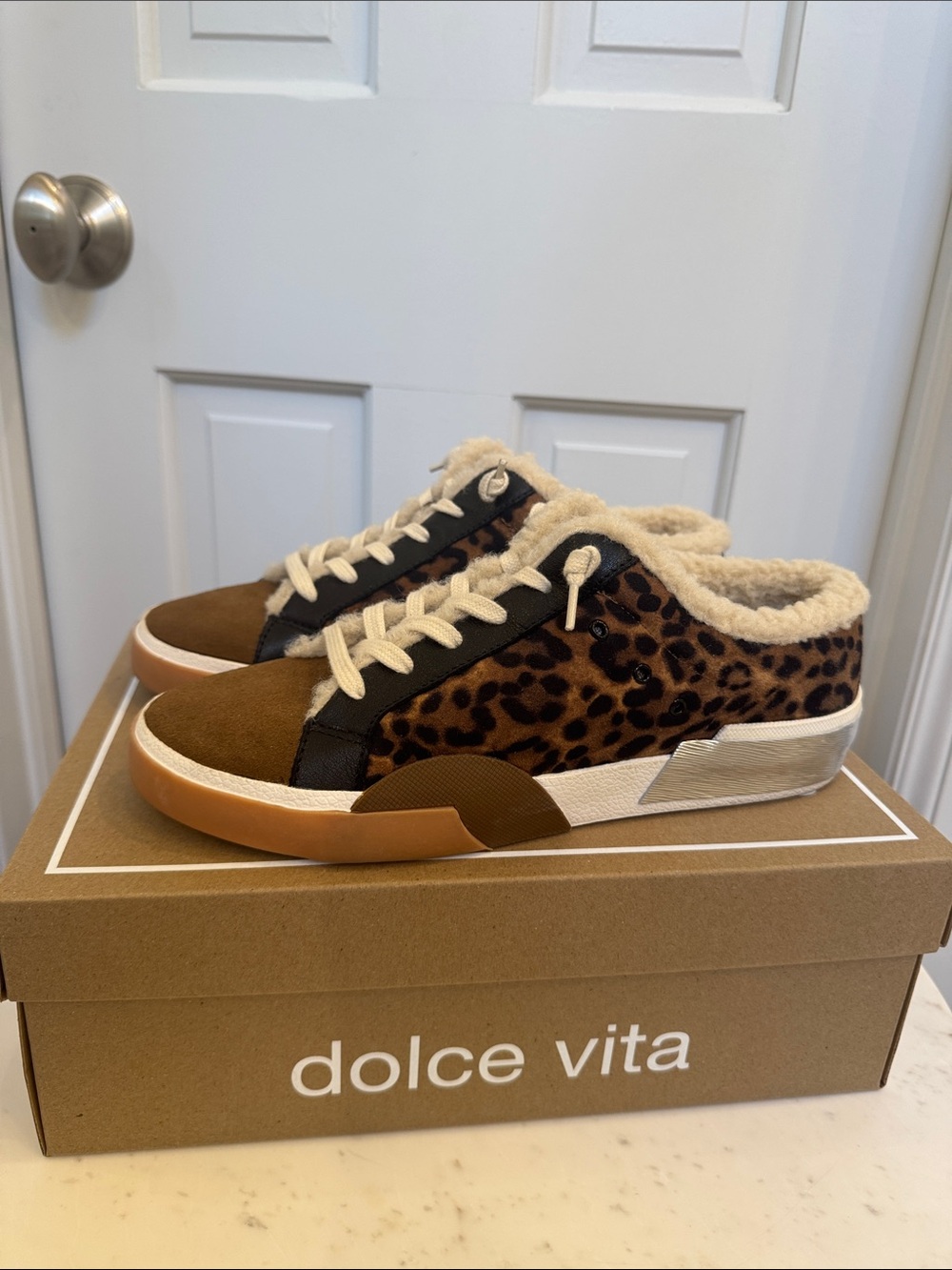 Dolce Vita - Zantel- Leopard Print Faux-Shearling Lace-Up Sneaker Slides